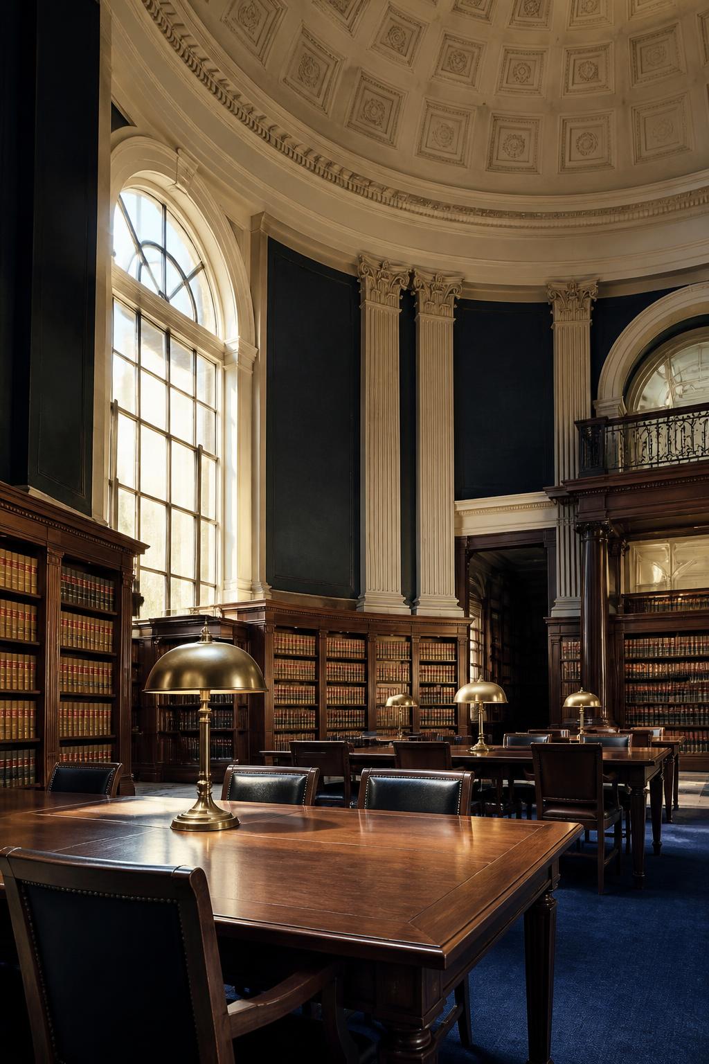 Klassieke juridische bibliotheek met hoge koepel en groot raam