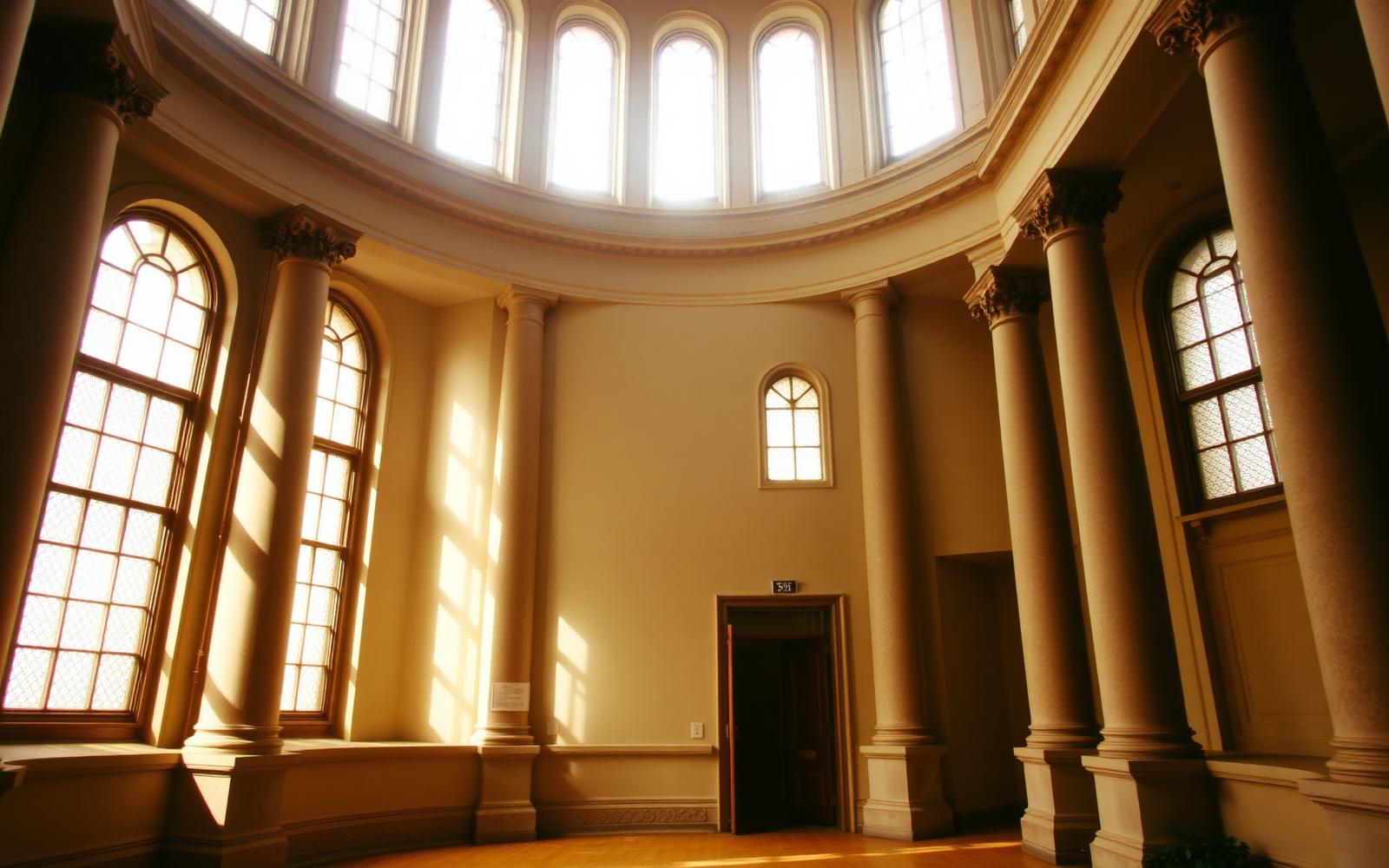 Statige zaal van een gerechtsgebouw met hoge ramen en zuilen
