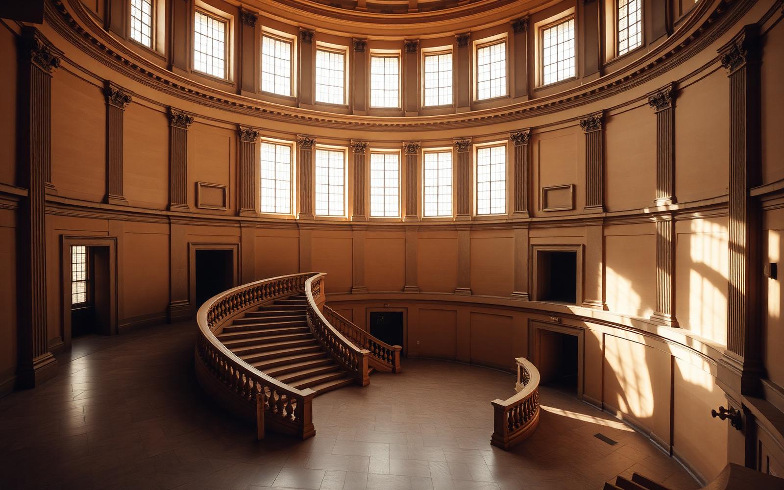 Ronde hal van een gerechtsgebouw met gebogen trap en daglicht