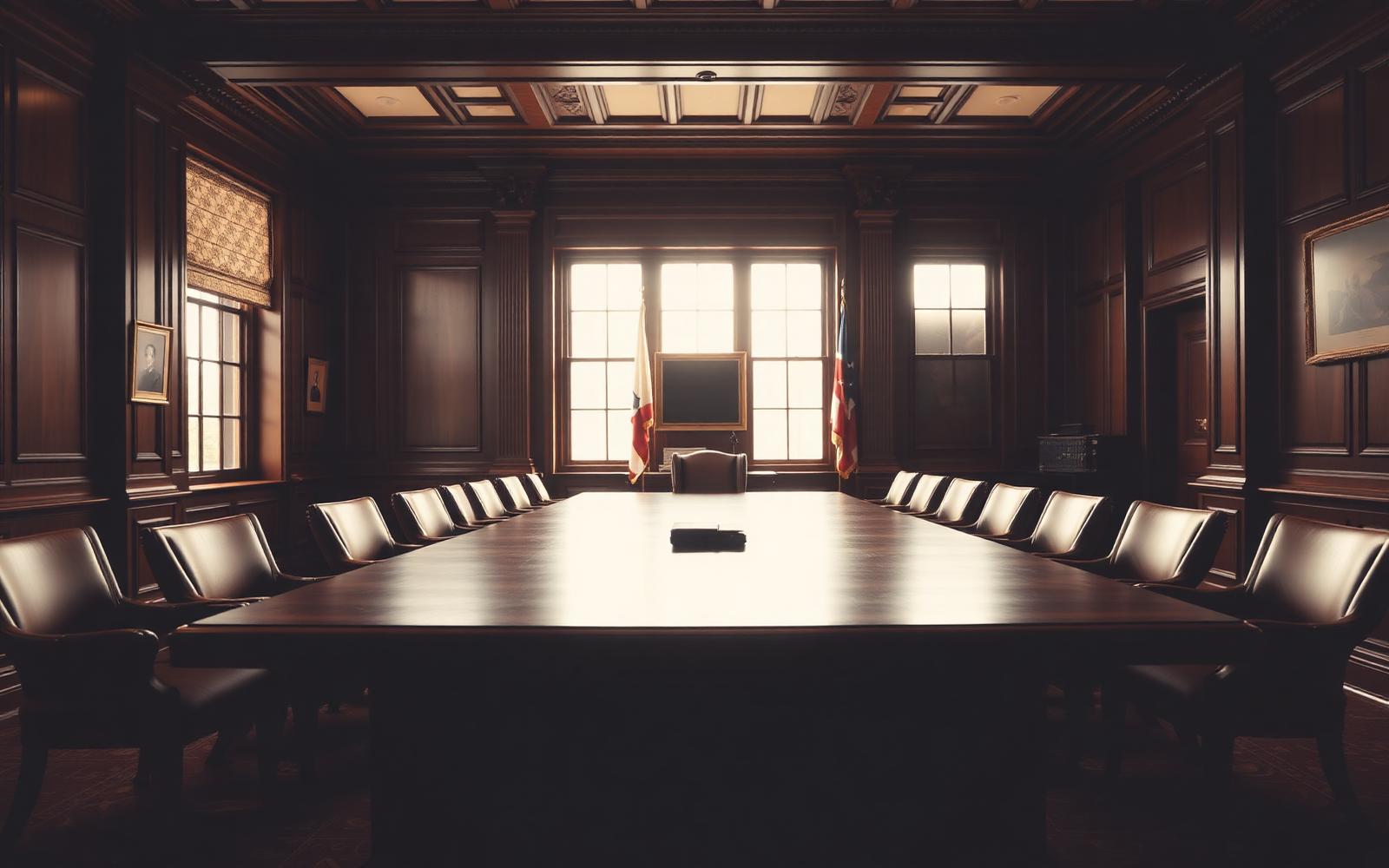 Klassieke vergaderzaal met houten lambrisering en lange tafel