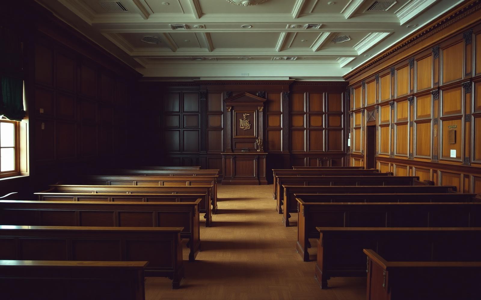 Lege klassieke rechtszaal met houten banken