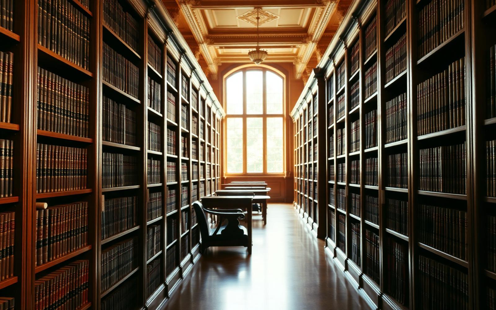Juridische bibliotheek met hoge houten boekenkasten