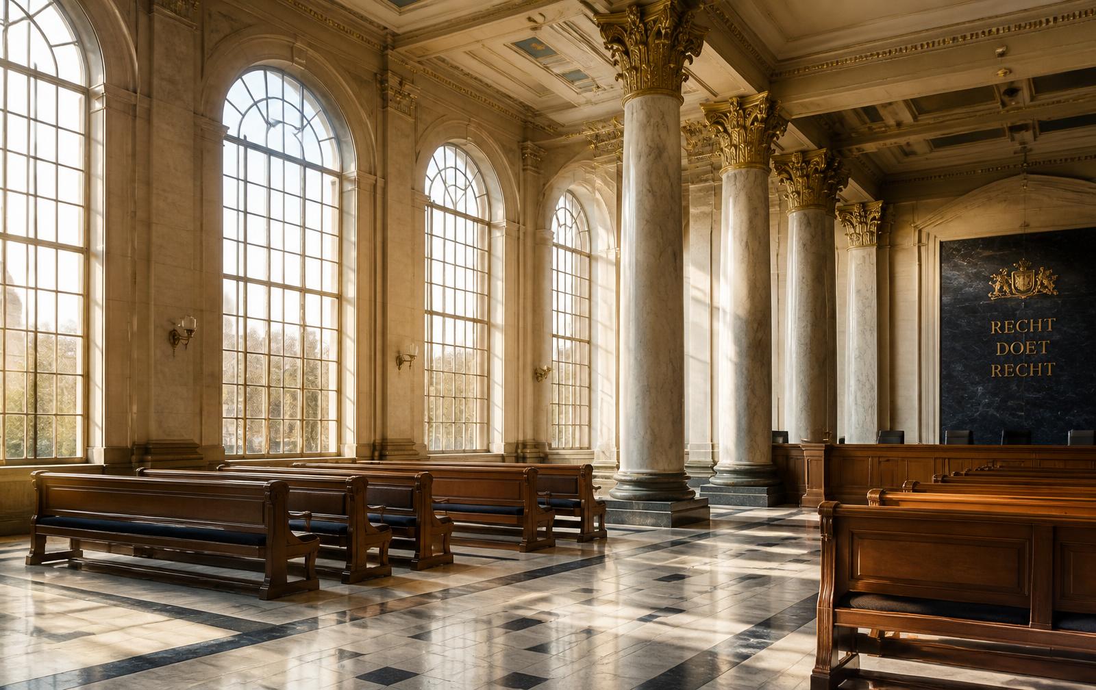 Interieur van een statig gerechtsgebouw met hoge ramen en zuilen